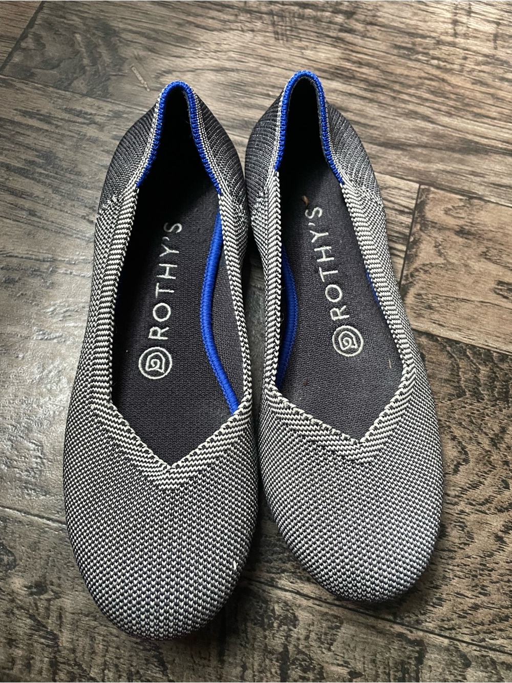 Rothy's Black & White Knit Slip-On Flats with Blue Trim
